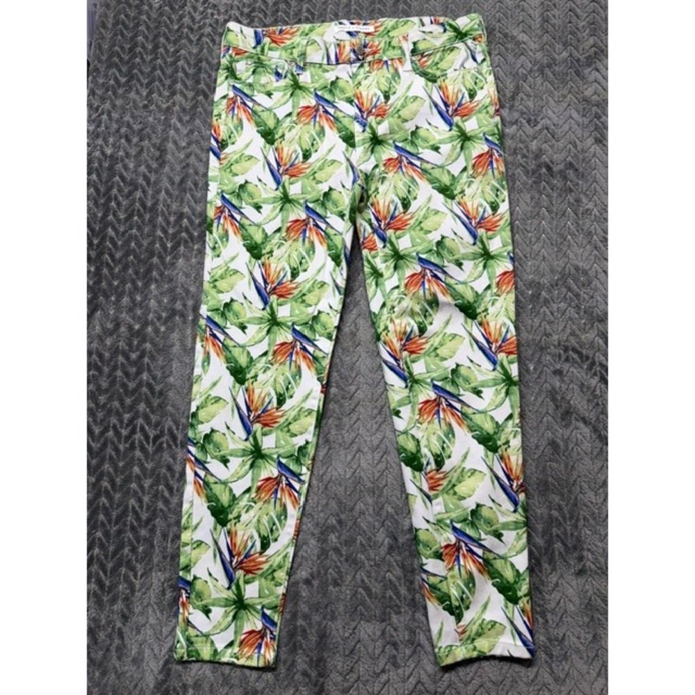 Truth + Theory Floral Bird of Paradise Slim Leg Pants White Green Size 12 0673